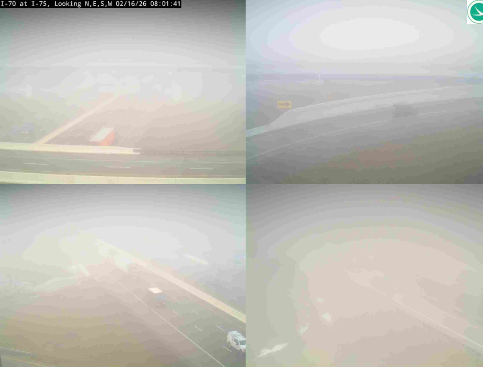 Ohio Department of Transportation traffic cameras captured heavy fog near Interstate 70 and Interstate 75 in Montgomery County Monday morning on Feb. 16, 2026. Photo courtesy ODOT.