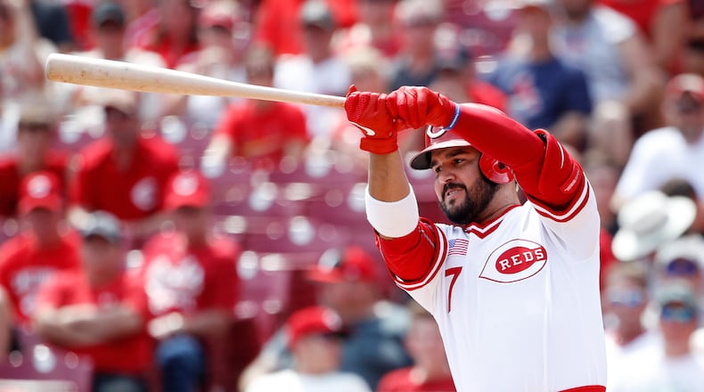 CINCINNATI, OH - AUGUST 18: Eugenio Suarez #7 of the Cincinnati Reds tries to check his swing while batting in the seventh inning against the St. Louis Cardinals at Great American Ball Park on August 18, 2019 in Cincinnati, Ohio. The Cardinals defeated the Reds 5-4. (Photo by Joe Robbins/Getty Images)