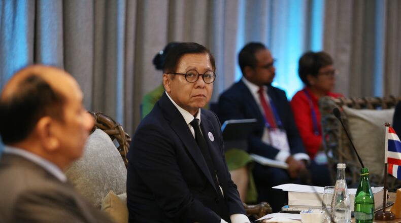CORRECTS ID - Thai Foreign Minister Sihasak Phuangketkeow, center, attends the Association of Southeast Asian Nations (ASEAN) Foreign Ministers' Retreat in Cebu, Philippines Thursday, Jan. 29, 2026. (AP Photo/Jacqueline Hernandez, Pool)