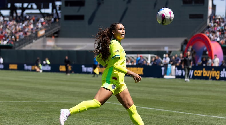 FILE - Washington Spirit's forward Trinity Rodman runs for a ball during the first half of a NWSL soccer match against Bay FC on Saturday, Aug. 23, 2025, in San Francisco. (AP Photo/Benjamin Fanjoy, File)