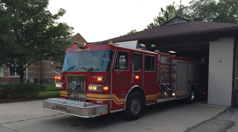 A Middletown fire engine responds to call from the station on Dixie Highway. The station was obtained by the city from Franklin Twp. when the area around Towne Mall was annexed in 1996. Since then, the city of Middletown has been contracted by Franklin Twp. to provide fire protection services for a small area of the township that is bordered by the Butler/Warren county line, Interstate 75, Manchester and Coles roads. ED RICHTER/STAFF