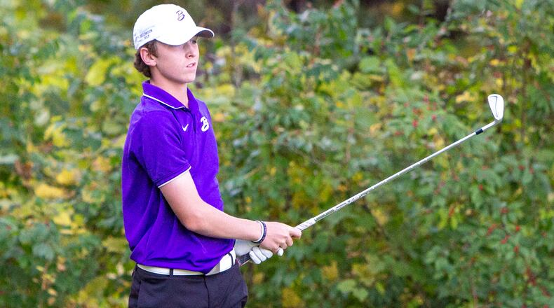 Bellbrook's C.J. Scohy tees off on No. 12 at Heatherwoode on Thursday in the Division I district tournament. Scohy shot a 1-under par 71 to win and advance to the state tournament. CONTRIBUTED/Jeff Gilbert