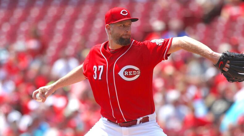Reds starter Scott Feldman pitches against the Nationals on Monday, July 17, 2017, at Great American Ball Park in Cincinnati. David Jablonski/Staff