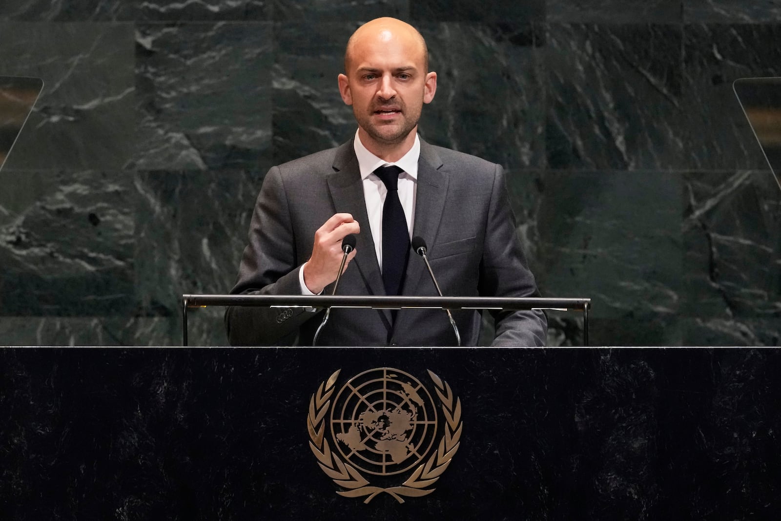 France's Foreign Minister Jean-Noel Barrot addresses the United Nations General Assembly, Monday, July 28, 2025. (AP Photo/Richard Drew)