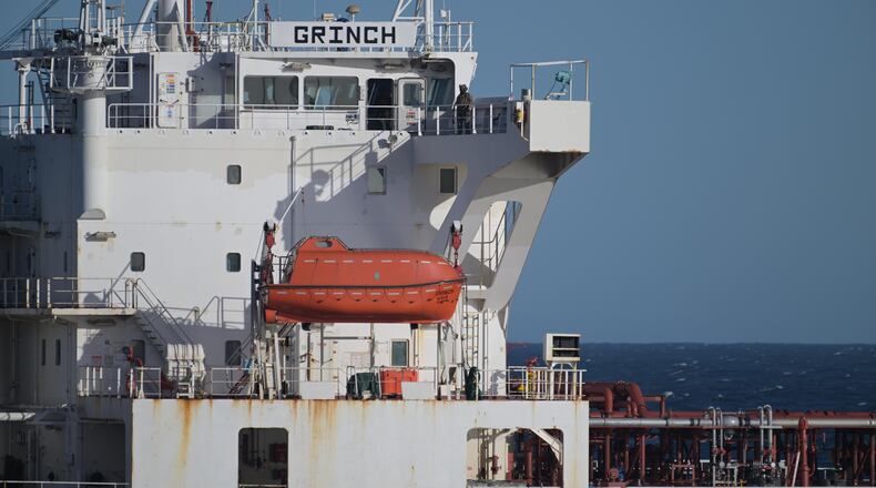 In this photo, provided by the French Army on Thursday, Jan 22, 2026, an oil tanker in the Mediterranean Sea that traveled from Russia, is pictured after being intercepted by France's Navy. (French Military via AP)