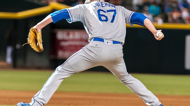 PHOENIX, AZ - SEPTEMBER 18: Relief pitcher Louis Coleman #67 of the Los Angeles Dodgers throws a pitch in the eighth inning of the MLB game against the Arizona Diamondbacks at Chase Field on September 18, 2016 in Phoenix, Arizona. The Arizona Diamondbacks defeated the Los Angeles Dodgers 10-9 in 12 innings. (Photo by Darin Wallentine/Getty Images)