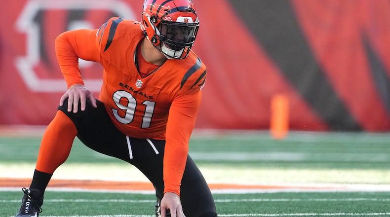 FILE - Cincinnati Bengals defensive end Trey Hendrickson gets set for a snap during the first half of an NFL football game against the Pittsburgh Steelers, Sunday, Dec. 1, 2024, in Cincinnati. (AP Photo/Kareem Elgazzar, File)