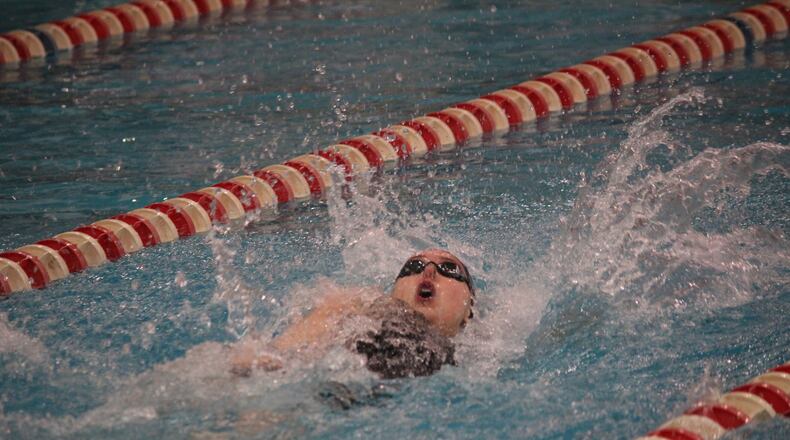 Centerville’s Nicola Lane won two championships Saturday at the Division I state meet at Branin Natatorium in Canton. CONTRIBUTED