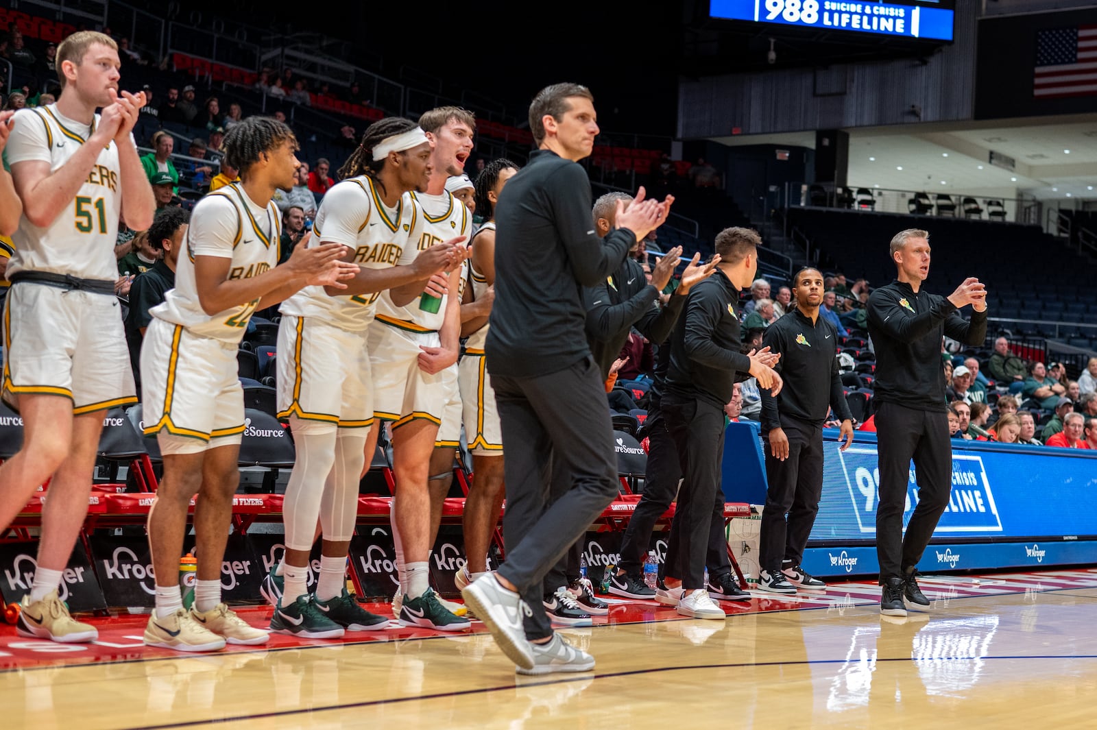 Wright State University coach Clint Sargent walks down the sideline during their preseason game against Ohio University on Monday, Oct. 20 at UD Arena. The Raiders beat the Bobcats 63-57. WRIGHT STATE ATHLETICS / CONTRIBUTED PHOTO