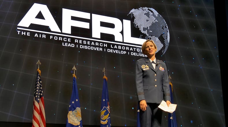 Brig. Gen. Heather L. Pringle officially assumed command of the Air Force Research Laboratory during an assumption of command ceremony at the Air Force Institute of Technology’s Kenney Hall Auditorium in June 2020. (U.S. Air Force photo/Keith Lewis)