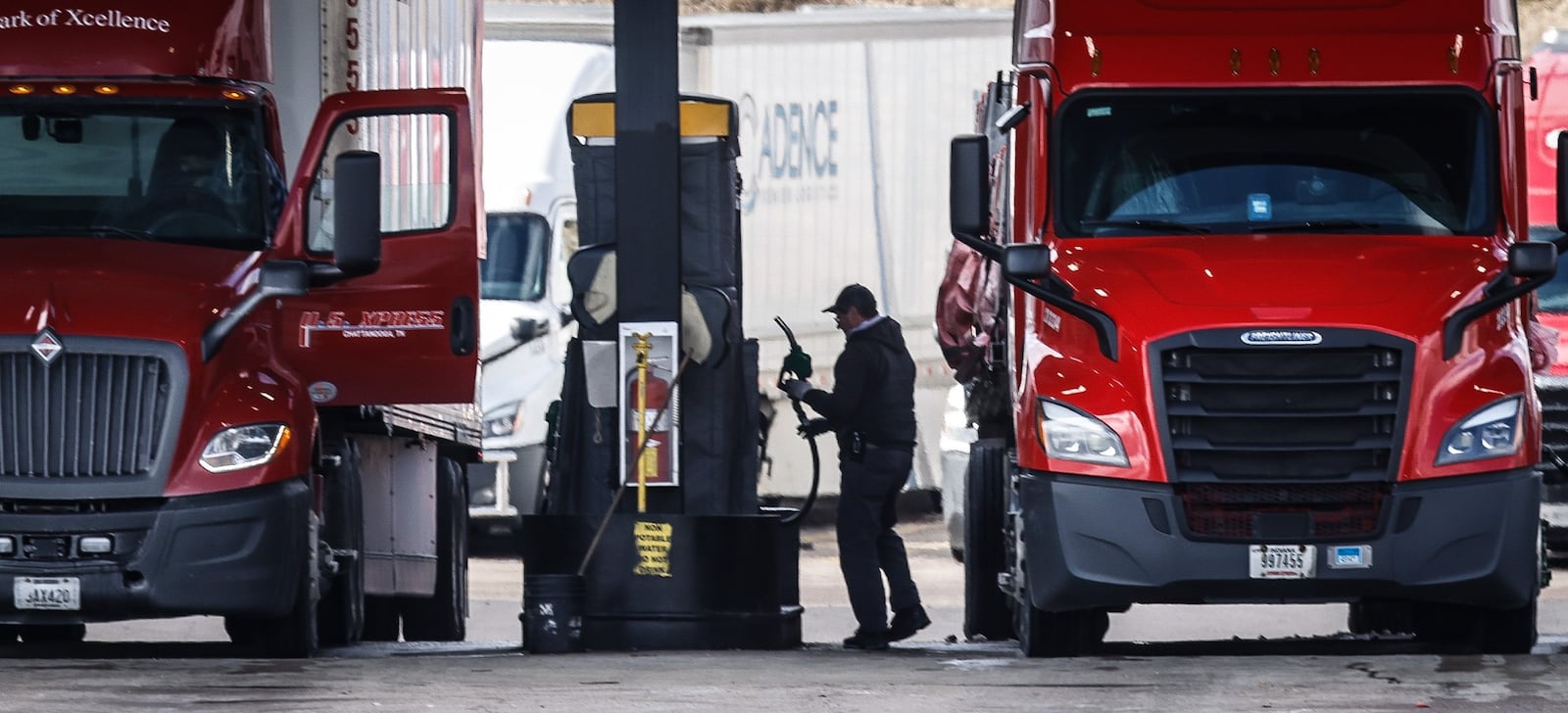 A trucker fills up his rig at Love's Travel stop at Edwin C. Moses and Interstate 75 in Dayton. Truck stops that have parking spaces may see increased traffic with I-75 rest areas closed. JIM NOELKER/STAFF