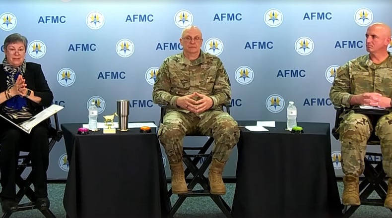 Gen. Arnold W. Bunch Jr. (center), commander of Air Force Materiel Command, with Patricia M. Young, Air Force Materiel Command executive director, and Chief Master Sgt. David A. Flosi, AFMC command chief, provide insights on current command issues alongside a dose of trivia and career advice to an online audience exceeding 3,000 during a virtual town hall on May 3 at Wright-Patterson Air Force Base. U.S. AIR FORCE PHOTO