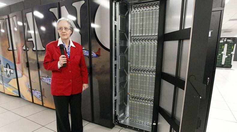 Four new supercomputers were unveiled at Wright-Patterson Air Force Base in February 2019 by the Air Force Research Lab’s Defense Supercomputing Resource Center (DSRC). This unclassified supercomputer named for the World War II era P-51 Mustang was described by Virginia Ross, a senior computer engineer at AFRL. The huge computer has 56,448 computing cores and is cooled with water. FILE