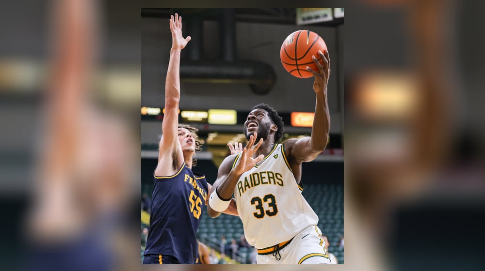 Wright State graduate guard Michael Imariagbe shoots during an 86-37 win over Franklin College 86-37 in a season opener on Monday, Nov. 3 at Ervin J. Nutter Center in Fairborn. BRYANT BILLING/STAFF