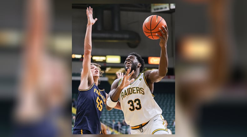 Wright State graduate guard Michael Imariagbe shoots during an 86-37 win over Franklin College 86-37 in a season opener on Monday, Nov. 3 at Ervin J. Nutter Center in Fairborn. BRYANT BILLING/STAFF