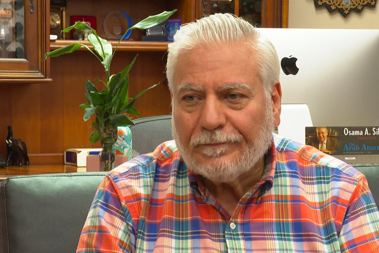 In this image made from video, Osama Siblani, publisher of the Arab American News, speaks during an interview Monday, June 9, 2025, in Dearborn, Mich. (AP Photo/Mike Householder)