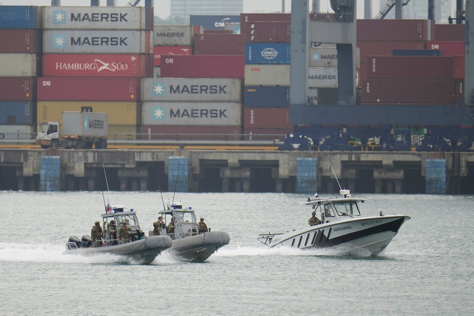 U.S. and Panamanian military patrol the Panama Canal during a joint drill held as U.S. Defense Secretary Pete Hegseth visits the Port of Rodman in West Panama, Tuesday, April 8, 2025. (AP Photo/Matias Basualdo)