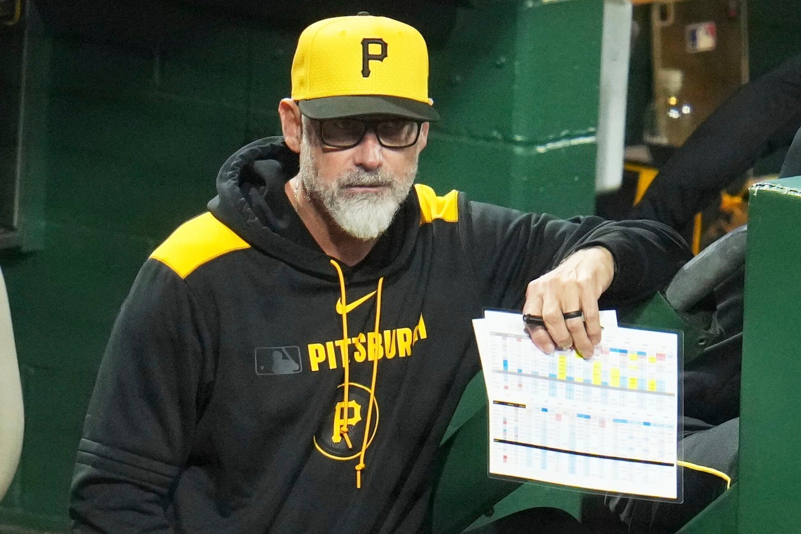 Pittsburgh Pirates manager Derek Shelton stands in the dugout during a baseball game against the San Diego Padres in Pittsburgh, Friday, May 2, 2025. (AP Photo/Gene J. Puskar)