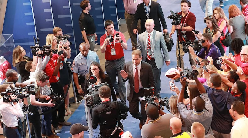 Alabama head coach Nick Saban arrives for his SEC Media Days press conference at the College Football Hall of Fame on Wednesday, July 18, 2018, in Atlanta, Ga. (Curtis Compton/Atlanta Journal-Constitution/TNS)