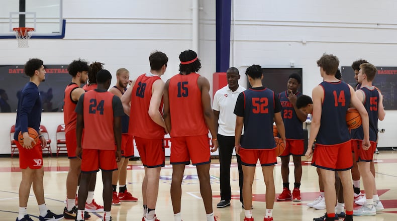 Dayton's Anthony Grant talks to the team during practice on Wednesday, Aug. 2, 2023, at the Cronin Center. David Jablonski/Staff