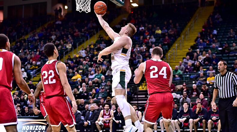 Wright State’s Loudon Love puts up a shot against IUPUI on March 5, 2019, at the Nutter Center. Love reached double figures for the 18th straight game in the Raiders’ 71-56 win. Joseph Craven/CONTRIBUTED