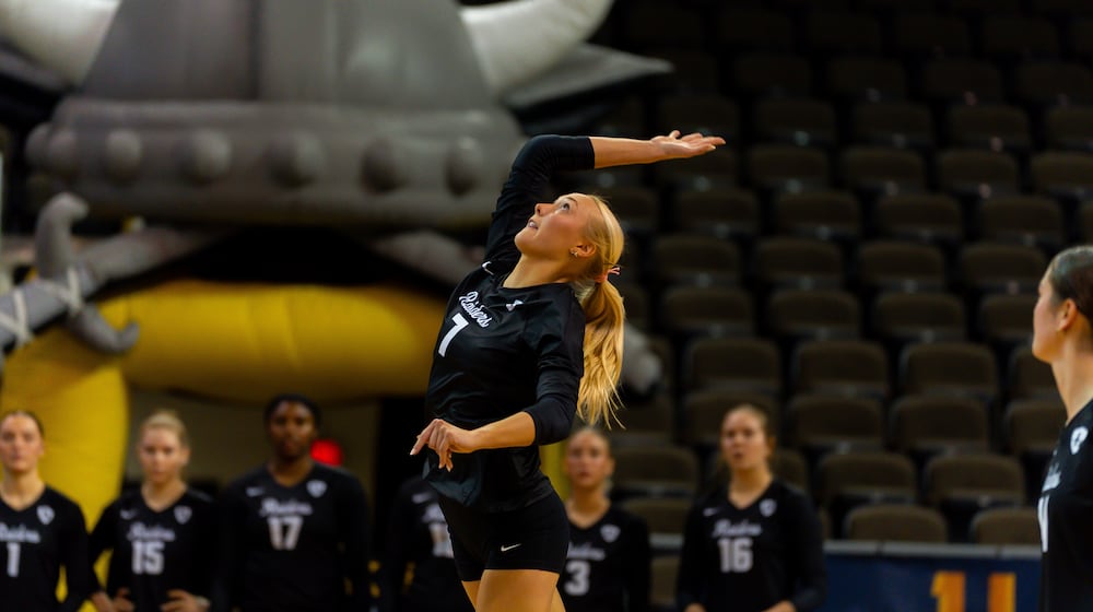 Wright State University junior setter Lauren Yacobucci hits the ball during the Horizon League championship match against Northern Kentucky University on Nov. 23 at Regents Hall in Highland Heights, Ky. NICK PHILLIPS / WRIGHT STATE ATHLETICS