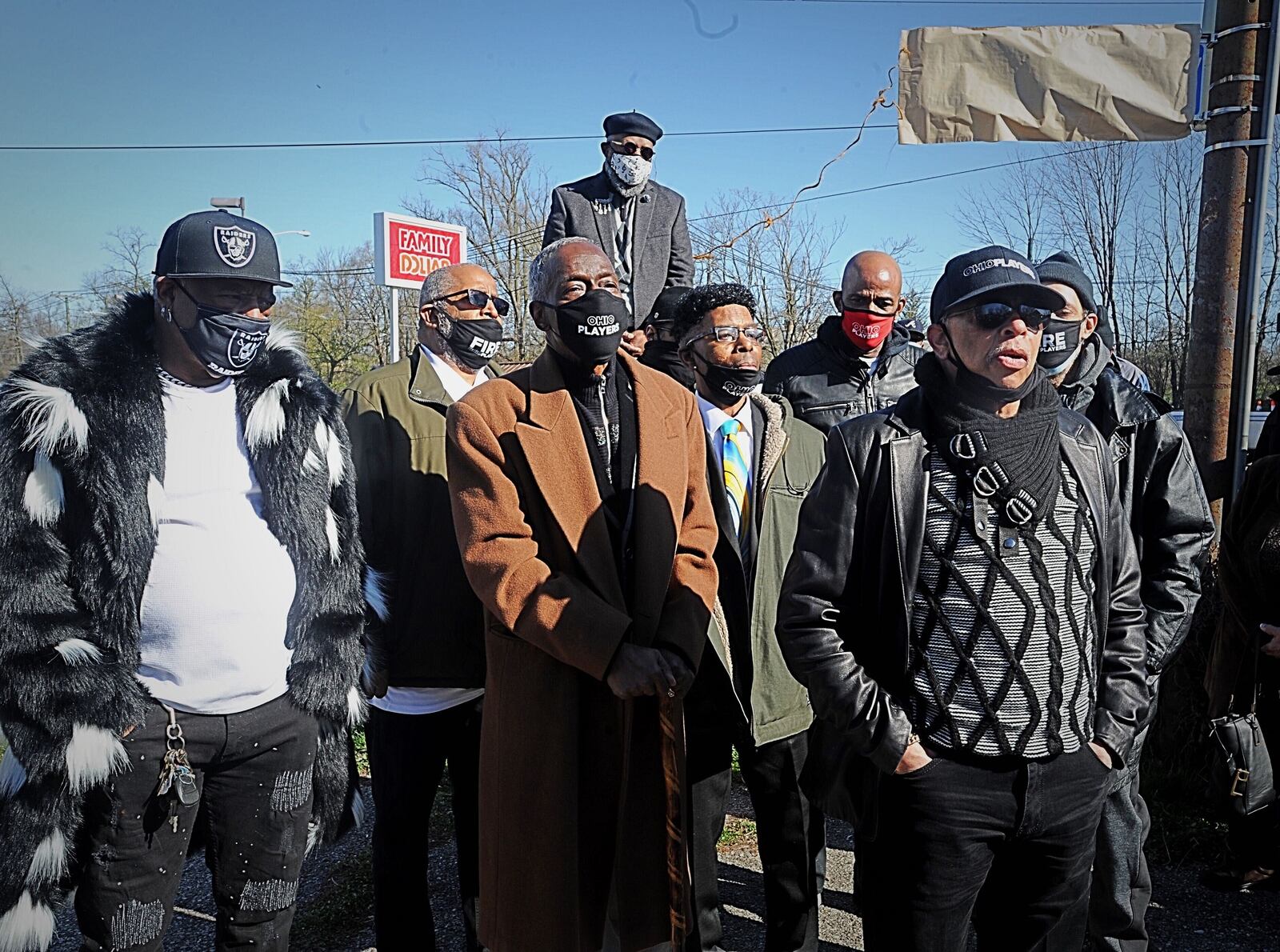 James ”Diamond” Williams, the drummer for the Ohio Players, right, along with the other surviving members of the group at the unveiling of the Ohio Players Way sign on Friday, April 2, 2021. MARSHALL GORBY\STAFF