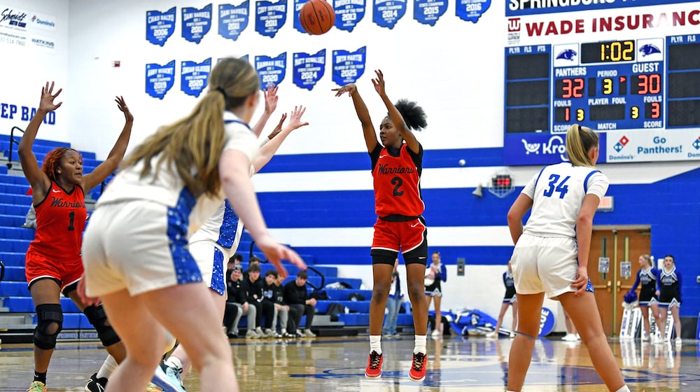 Wayne High School sophomore NaRiya Goddard shoots the ball during their game against Springboro on Wednesday, Jan. 7 at Springboro High School. JEFF GILBERT / CONTRIBUTED PHOTO