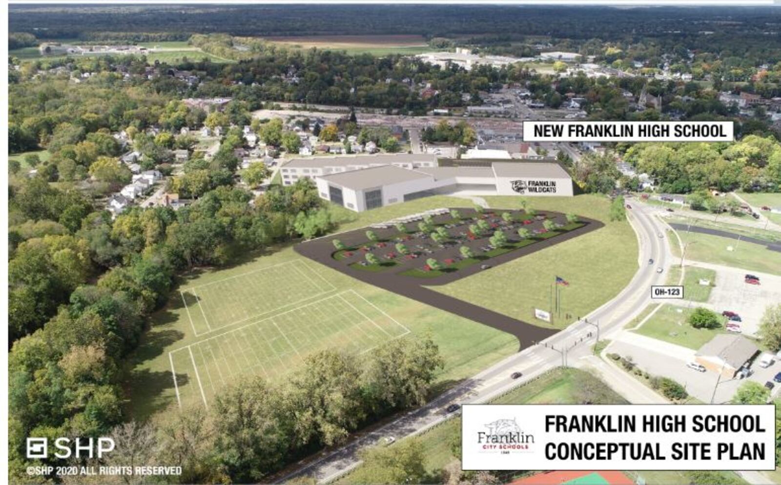 This is an artist's rendering of what the new Franklin High School could look like in 2023. The new high school will be constructed where the current junior high is located on East Sixth Street.  CONTRIBUTED/FRANKLIN CITY SCHOOLS