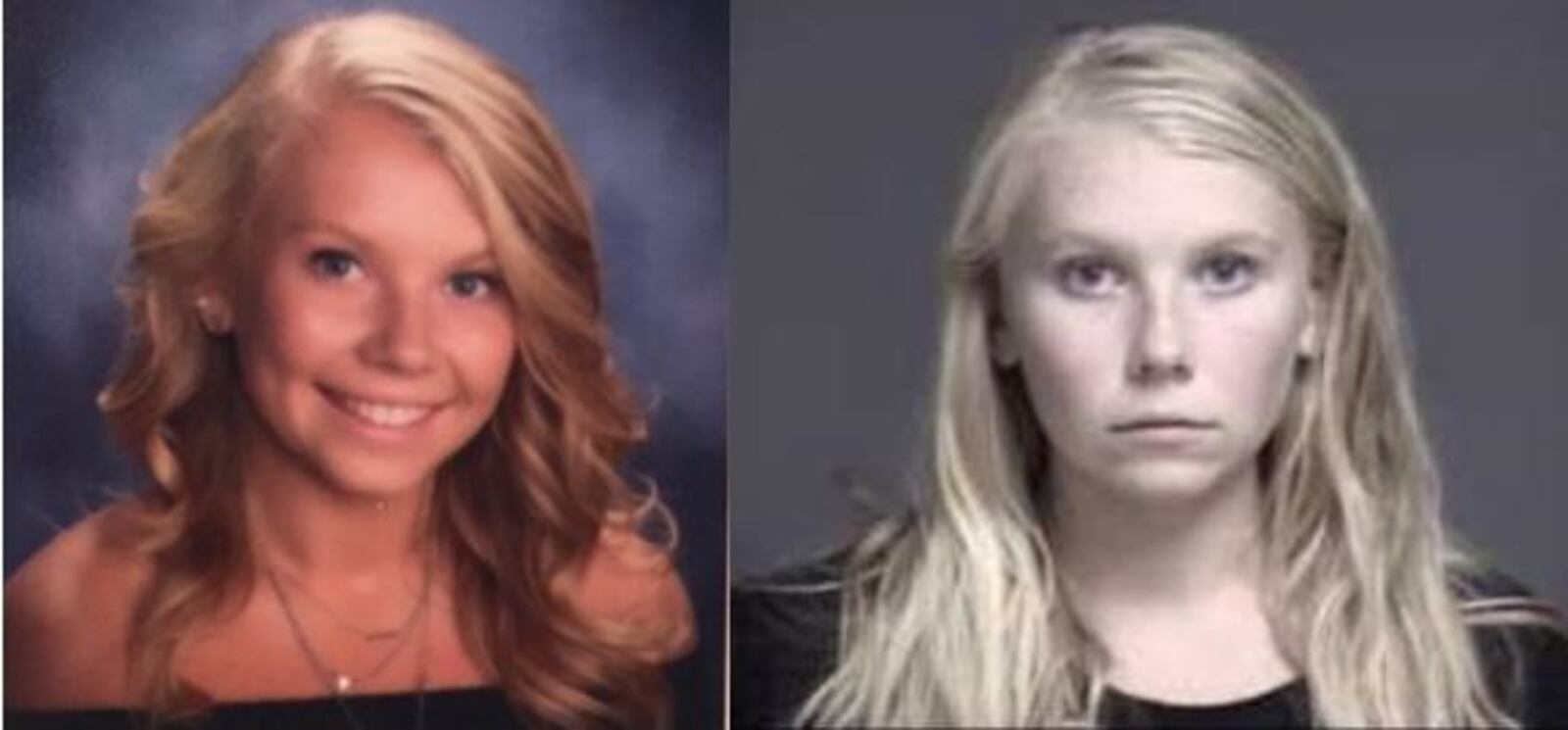 Brooke Skylar Richardson: senior picture (left); Warren County Jail mugshot