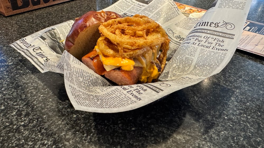 The Boom Boom Burger at Broadway Barrel House features Angus beef, kielbasa, pepper jack and boom boom sauce. CONTRIBUTED