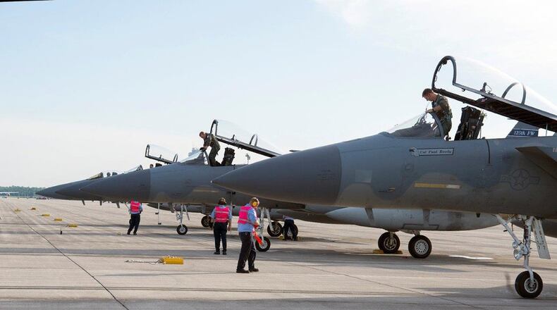 Pilots with the 159th Fighter Squadron and technicians with the 88th Logistics Squadron secure Florida Air National Guard F-15 Eagles after they landed at Wright-Patterson Air Force Base Aug. 30. The F-15s were some of several Air Force and Navy aircraft taking safe haven at Wright-Patterson AFB as Hurricane Dorian threatened their home stations.
