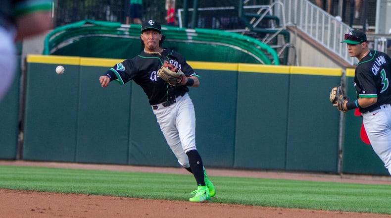 Dragons shortstop Edwin Arroyo throws out a runner at first as second baseman Tyler Callihan backs him up during Wednesday night's game against Beloit at Day Air Ballpark. Jeff Gilbert/CONTRIBUTED
