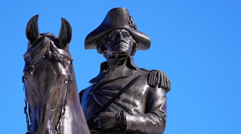 A statue of George Washington on horseback is displayed at the Public Garden, Friday, Feb. 13, 2026, in Boston. (AP Photo/Charles Krupa)