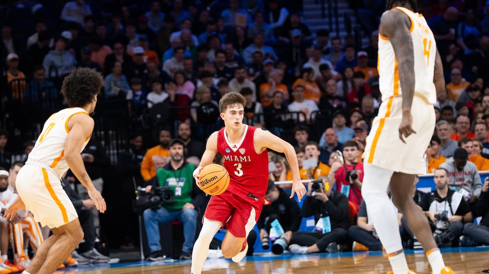 Miami's Luke Skaljac dribbles the ball up court during his NCAA Tournament game against Tennessee on Friday, March 20, 2026, at Xfiniti Mobile Arena in Philadelphia. NOAH MAURER / CONTRIBUTED