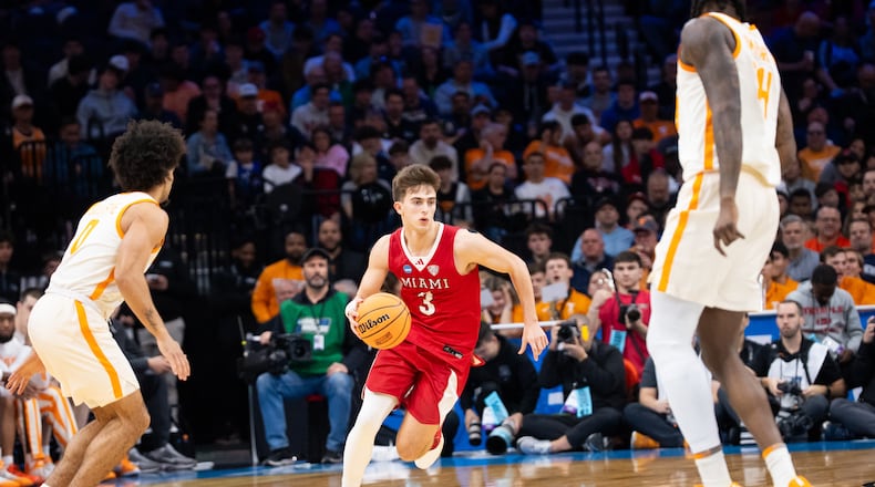 Miami's Luke Skaljac dribbles the ball up court during his NCAA Tournament game against Tennessee on Friday, March 20, 2026, at Xfiniti Mobile Arena in Philadelphia. NOAH MAURER / CONTRIBUTED