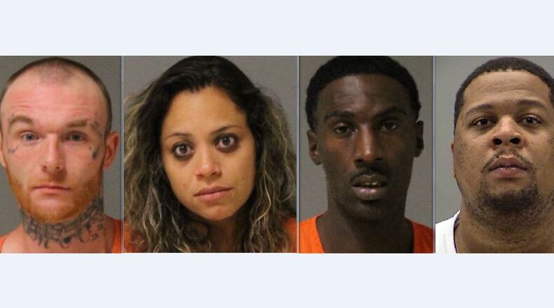 Sidney police make four arrests Oct. 5, 2016, at a raid on North Miami Avenue. Booked into the Shelby County Jail include, from left, David Copeland, Alisha Croft, Michael Lewis Jr. and Trinton Woods.