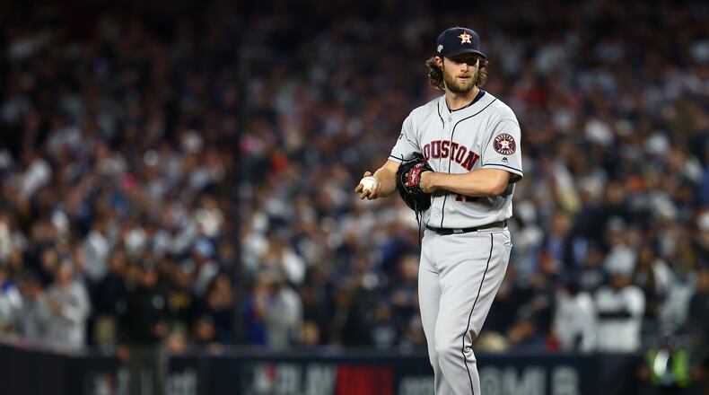 NEW YORK, NEW YORK - OCTOBER 15: Gerrit Cole #45 of the Houston Astros reacts in game three of the American League Championship Series against the New York Yankees at Yankee Stadium on October 15, 2019 in New York City. (Photo by Mike Stobe/Getty Images)