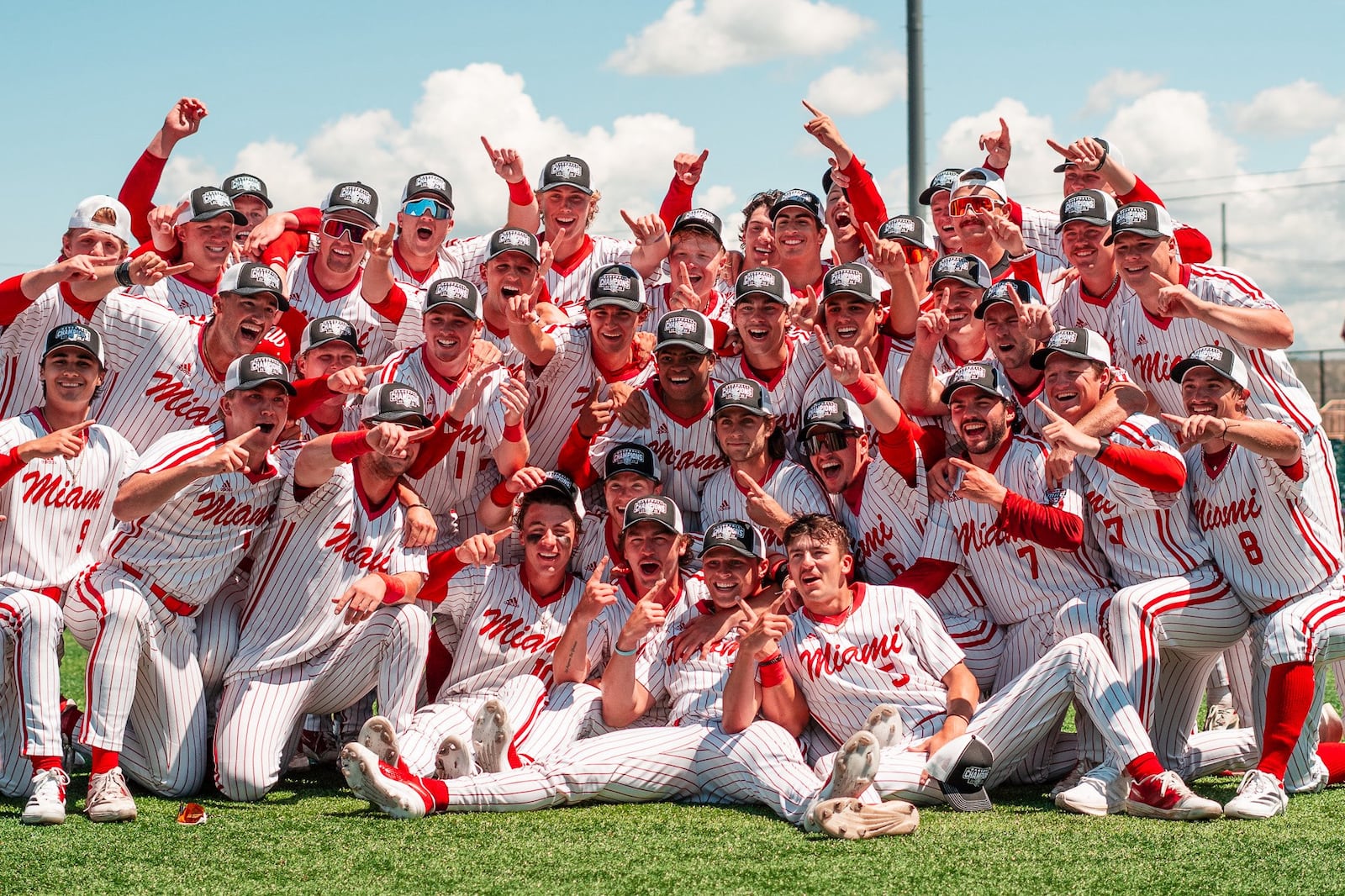 The Miami University baseball team celebrates after winning the 2025 Mid-American Conference Tournament on Sunday in Avon. CONTRIBUTED