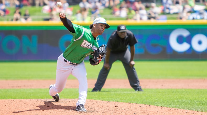 Dayton's Gabriel Aguilera, shown earlier this season, combined with two relievers to allow just one run in the Dragons' 7-1 win at Fort Wayne on Sunday. Jeff Gilbert/CONTRIBUTED