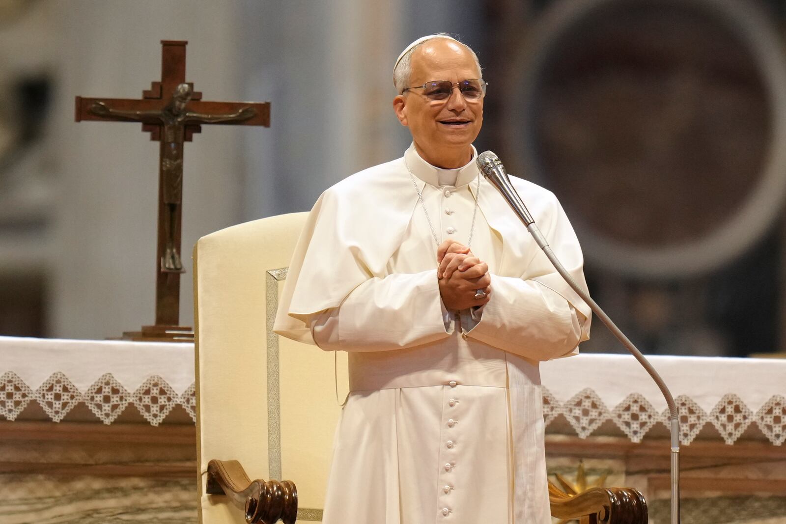 Pope Leo XIV leads a meditation with the participants into the Jubilee of Seminarists in St. Peter's Basilica at the Vatican, Tuesday, May 24, 2025. (AP Photo/Alessandra Tarantino)
