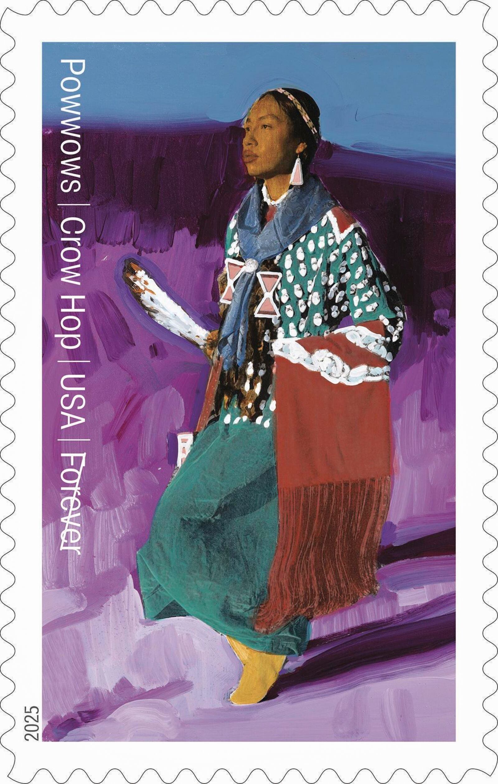 This image provided by the U.S. Postal Service shows one of the postage stamps in a new series commemorating Native American powwows. (U.S. Postal Service via AP)