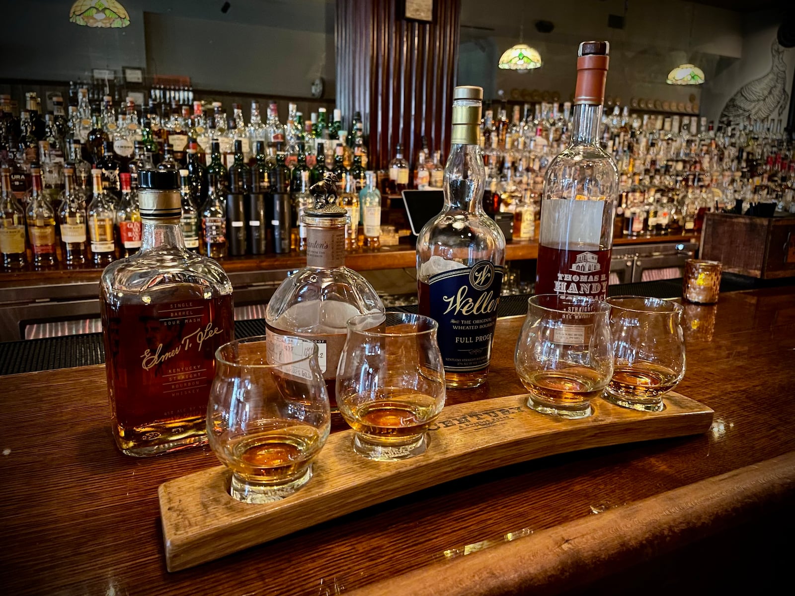 The Century features an Executive Flight with four, half-ounce pours of Elmer T. Lee, Blanton SFTB, Weller Full Proof Private Barrel and Thomas Handy Sazerac Rye for $100. NATALIE JONES/STAFF