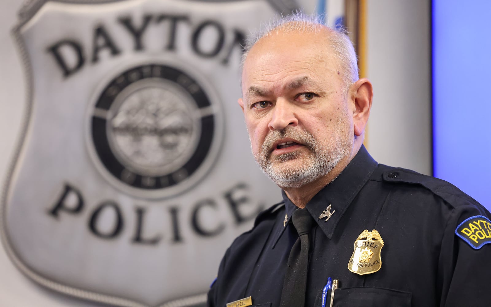 Dayton police Chief Kamran Afzal speaks during a news conference on Wednesday, March 25 at the department's headquarters in Dayton. The department released body camera footage from an officer involved fatal shooting on Tuesday night. BRYANT BILLING / STAFF