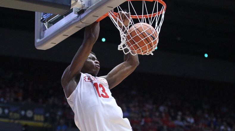 Dayton’s Kostas Antetokounmpo dunks against Saint Louis on Tuesday, Feb. 20, 2018, at UD Arena. David Jablonski/Staff