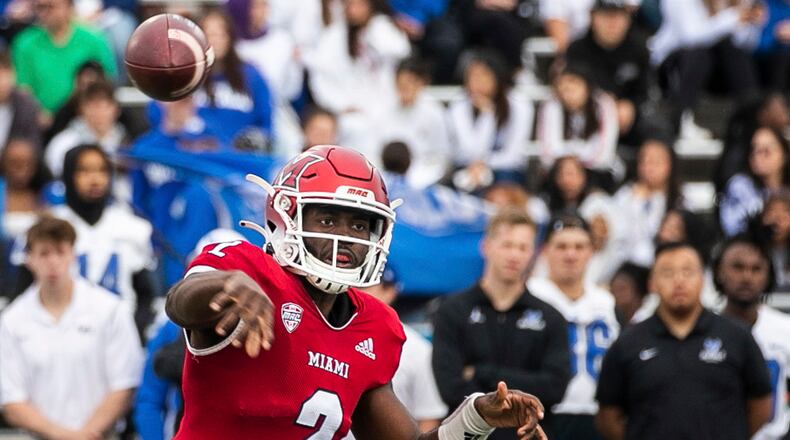 Miami Ohio quarterback Aveon Smith throws a pass during an NCAA college football game against Buffalo at UB Stadium in Buffalo, N.Y., Saturday, Oct. 1, 2022. (Joseph Cooke/The Buffalo News via AP)