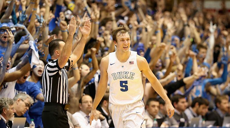 DURHAM, NC - MARCH 05: Luke Kennard #5 of the Duke Blue Devils reacts after a basket against the Duke Blue Devils during their game at Cameron Indoor Stadium on March 5, 2016 in Durham, North Carolina. (Photo by Streeter Lecka/Getty Images)