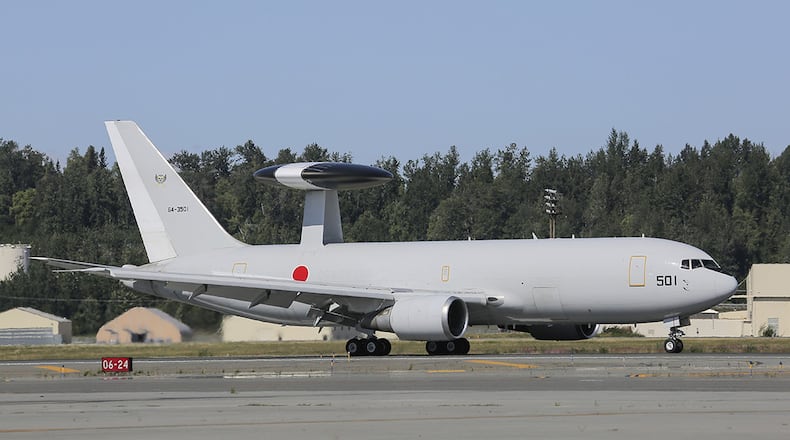 A Japan Air Self-Defense Force E-767 Airborne Warning and Control System aircraft taxis before takeoff on Joint Base Elmendorf-Richardson, Alaska, Aug. 14, 2015. JASDF AWACS will get upgrades following the Air Force Life Cycle Management Center award of $208 million in February 2018 to the Boeing Co. for installation and checkout of the system. (U.S. Air Force photo/Alejandro Pena)