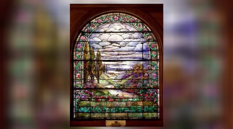 1904 Tiffany Studios stained glass window in the Woodland Chapel.