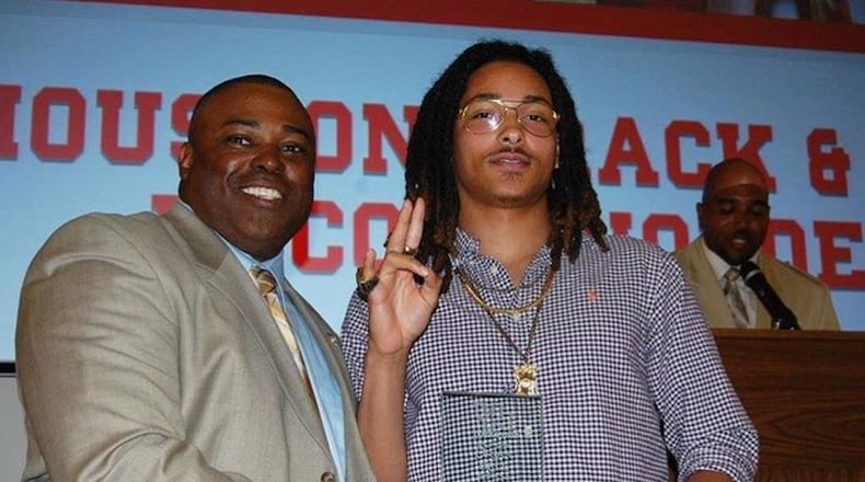Houston head coach Leroy Burrell (left) and Brian Bell at the Cougars’ awards banquet. UNIVERSITY OF HOUSTON PHOTO